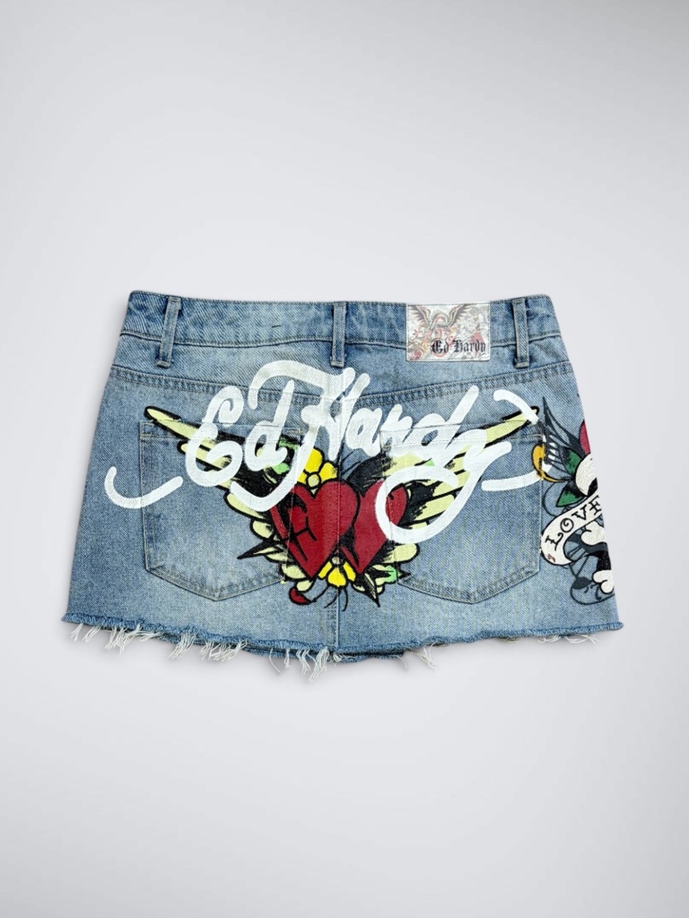 Ed Hardy Love Kills Slowly Tattoo Graphic Denim Cutoff Micro Mini Skirt Y2K